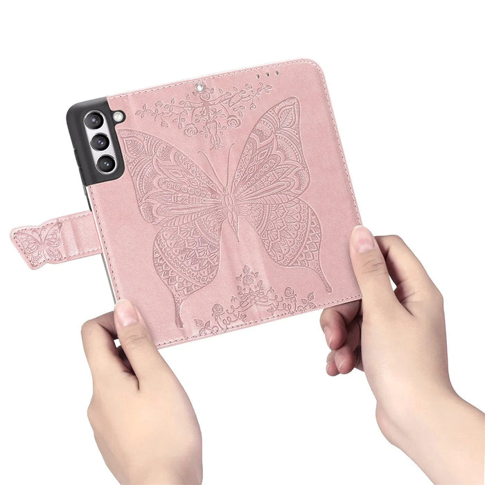 Wallet Design Big Butterfly Imprinting Leather Phone Shell with Stand for Samsung Galaxy S21 FE - Rose Gold - 3