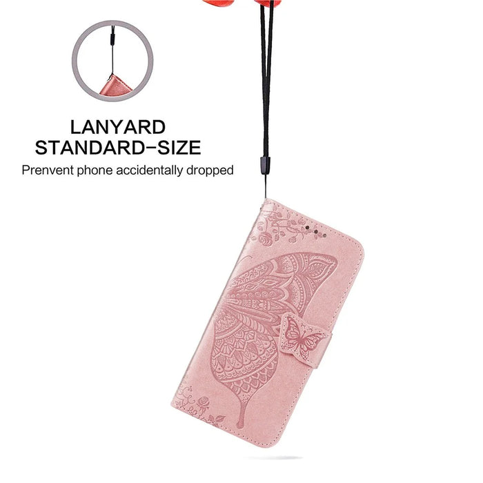 Wallet Design Big Butterfly Imprinting Leather Phone Shell with Stand for Samsung Galaxy S21 FE - Rose Gold - 4