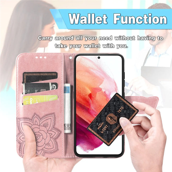 Wallet Design Big Butterfly Imprinting Leather Phone Shell with Stand for Samsung Galaxy S21 FE - Rose Gold - 5