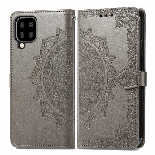 Embossed Mandala Flower PU Leather Case Stand Wallet for Samsung Galaxy A22 4G (EU Version) - Grey - 1