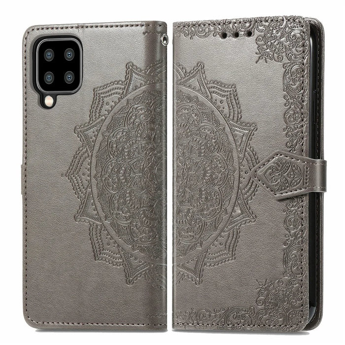 Embossed Mandala Flower PU Leather Case Stand Wallet for Samsung Galaxy A22 4G (EU Version) - Grey - 1