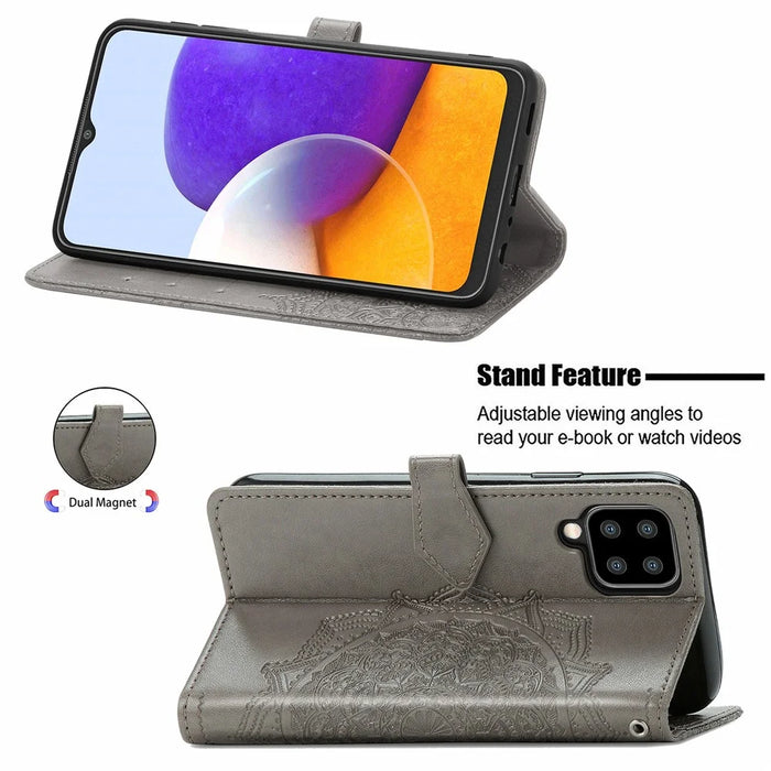 Embossed Mandala Flower PU Leather Case Stand Wallet for Samsung Galaxy A22 4G (EU Version) - Grey - 3