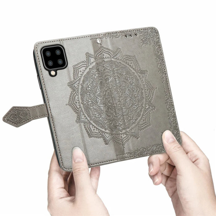 Embossed Mandala Flower PU Leather Case Stand Wallet for Samsung Galaxy A22 4G (EU Version) - Grey - 4