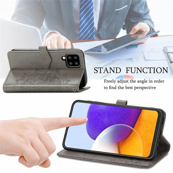 Embossed Mandala Flower PU Leather Case Stand Wallet for Samsung Galaxy A22 4G (EU Version) - Grey - 5