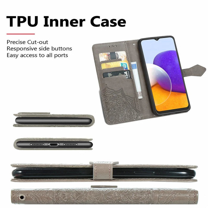 Embossed Mandala Flower PU Leather Case Stand Wallet for Samsung Galaxy A22 4G (EU Version) - Grey - 6