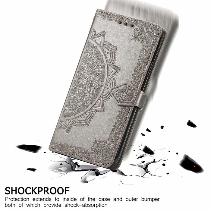Embossed Mandala Flower PU Leather Case Stand Wallet for Samsung Galaxy A22 4G (EU Version) - Grey - 7