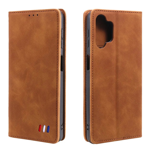 Tri-color Decor Wallet Stand Leather Case Skin-touch Feeling Protective Phone Cover Shell for Samsung Galaxy A32 4G (EU Version) - Brown - 1