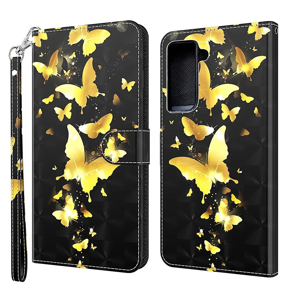 3D Pattern Printing Drop-proof Leather Wallet Stand Phone Shell Case Protector for Samsung Galaxy S21 FE - Gold Butterfly - 1