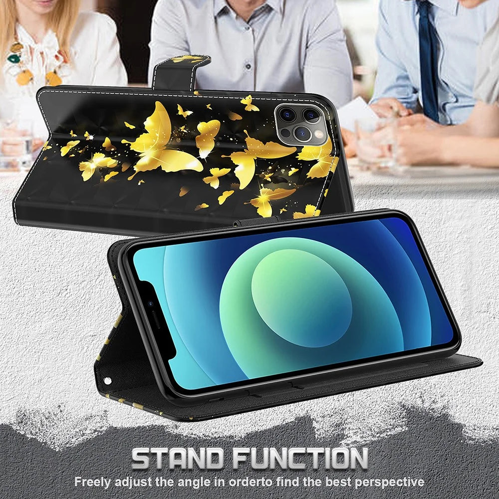 3D Pattern Printing Drop-proof Leather Wallet Stand Phone Shell Case Protector for Samsung Galaxy S21 FE - Gold Butterfly - 2