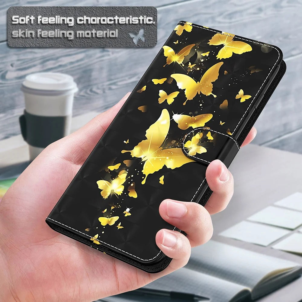 3D Pattern Printing Drop-proof Leather Wallet Stand Phone Shell Case Protector for Samsung Galaxy S21 FE - Gold Butterfly - 5