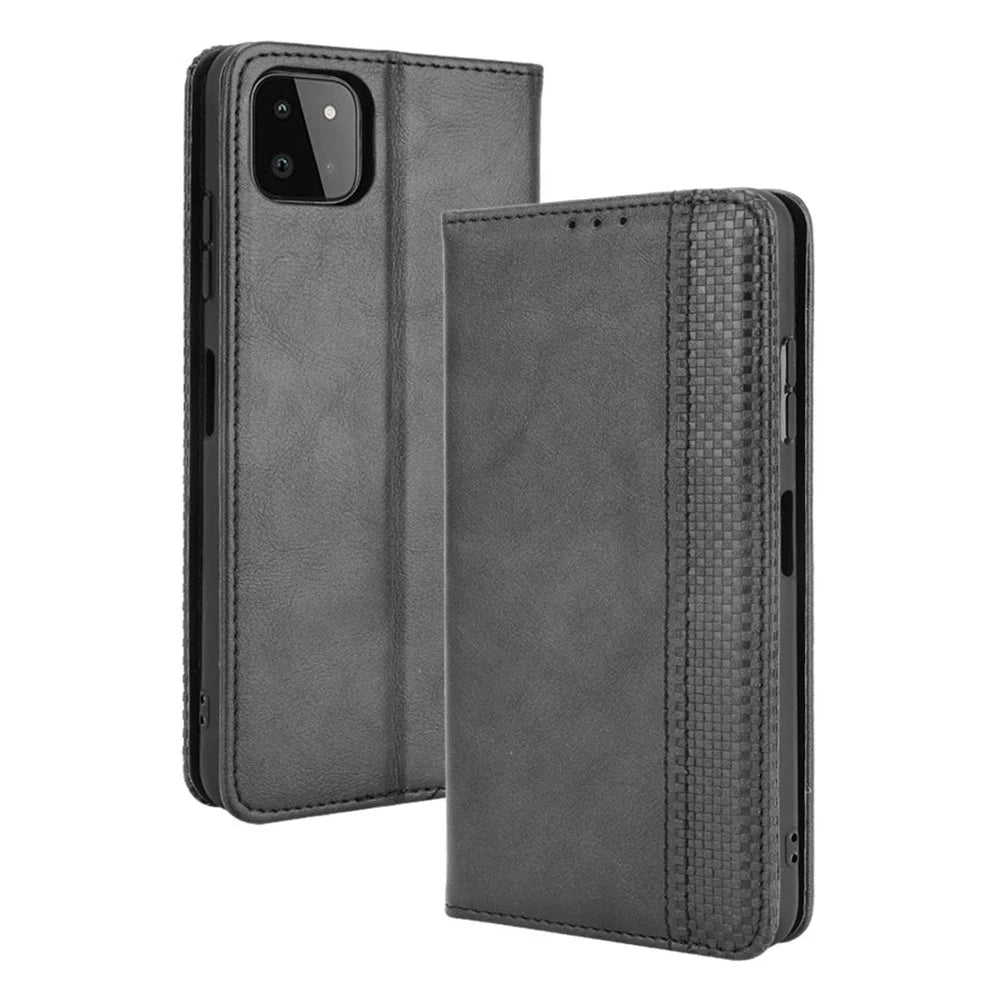 Vintage Style Phone Case Magnetic Closure Leather Cover with Wallet Stand for Samsung Galaxy A22 5G (EU Version) - Black - 1
