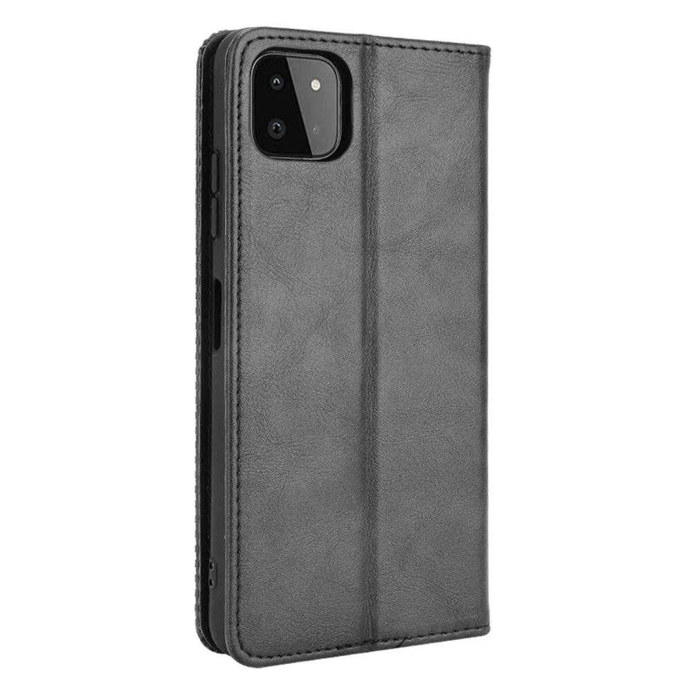 Vintage Style Phone Case Magnetic Closure Leather Cover with Wallet Stand for Samsung Galaxy A22 5G (EU Version) - Black - 3