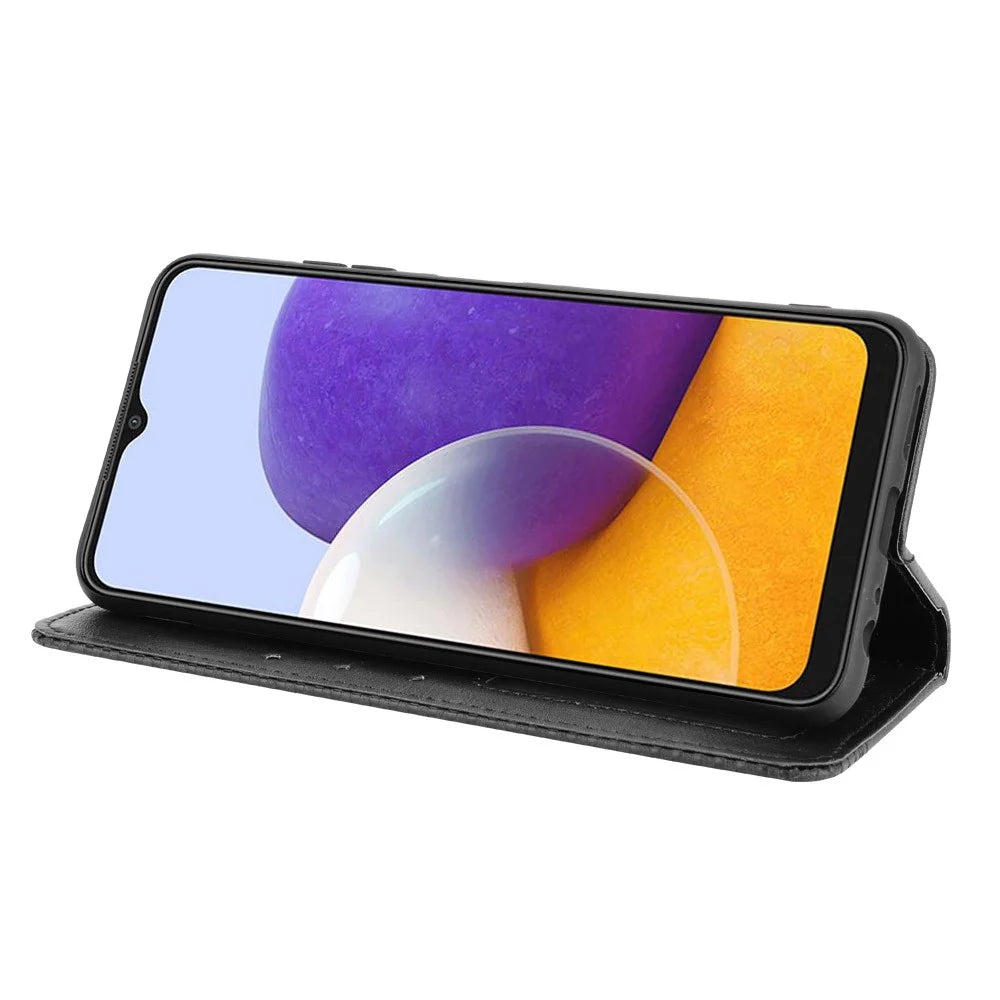 Vintage Style Phone Case Magnetic Closure Leather Cover with Wallet Stand for Samsung Galaxy A22 5G (EU Version) - Black - 4