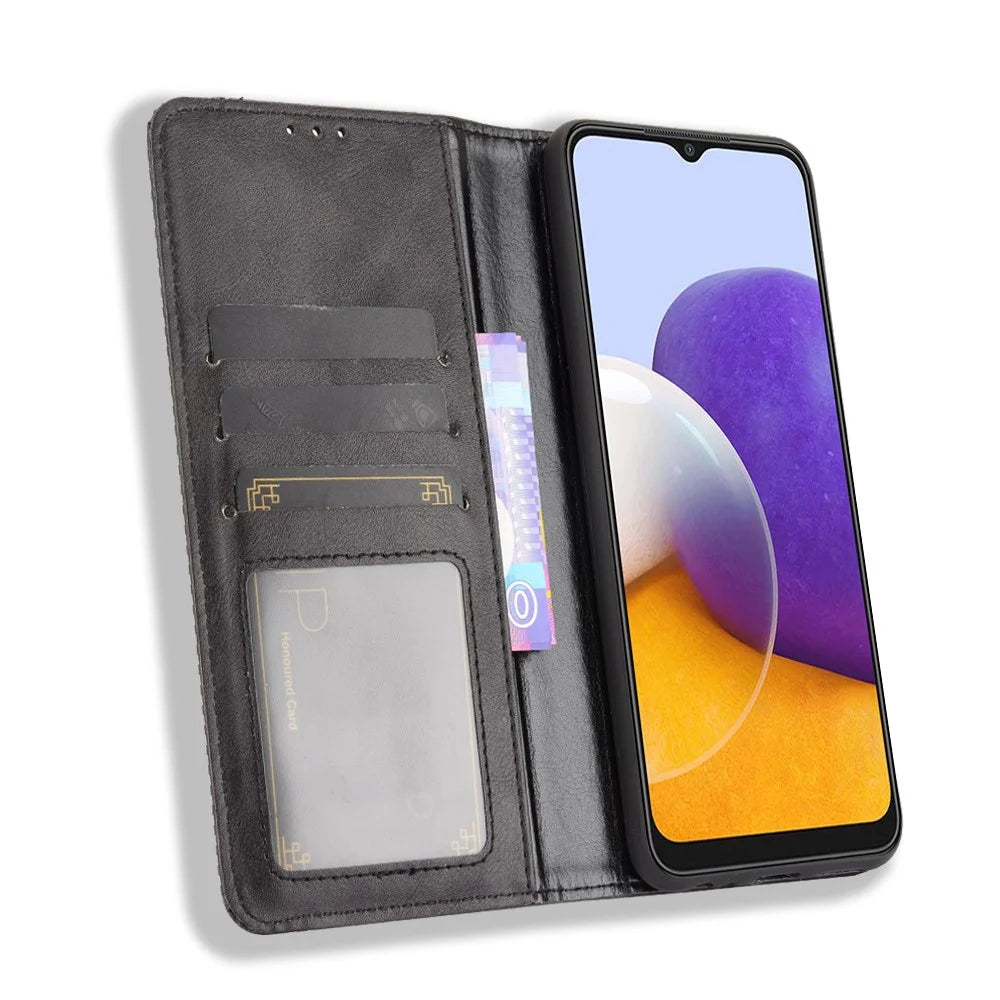 Vintage Style Phone Case Magnetic Closure Leather Cover with Wallet Stand for Samsung Galaxy A22 5G (EU Version) - Black - 5