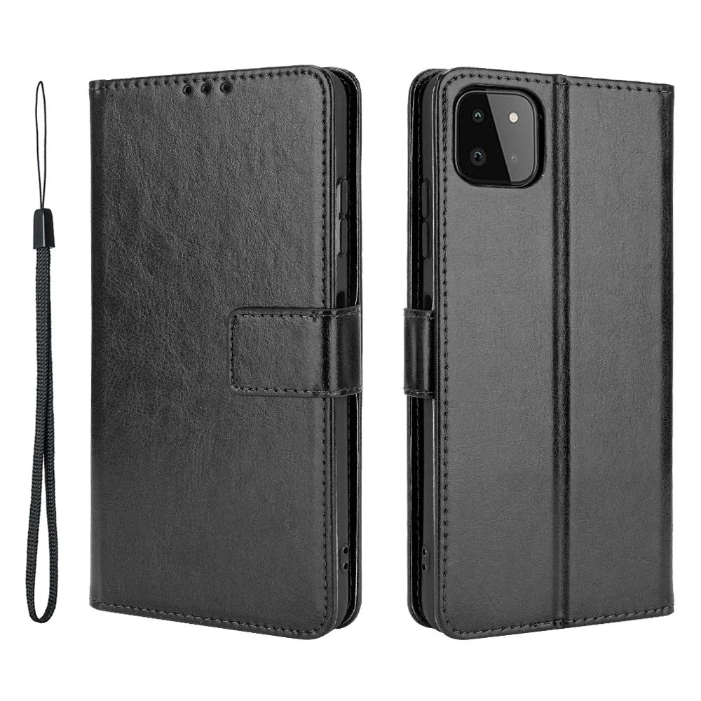 Crazy Horse Skin Leather Shell with Wallet Stand Design for Samsung Galaxy A22 5G (EU Version) - Black - 1