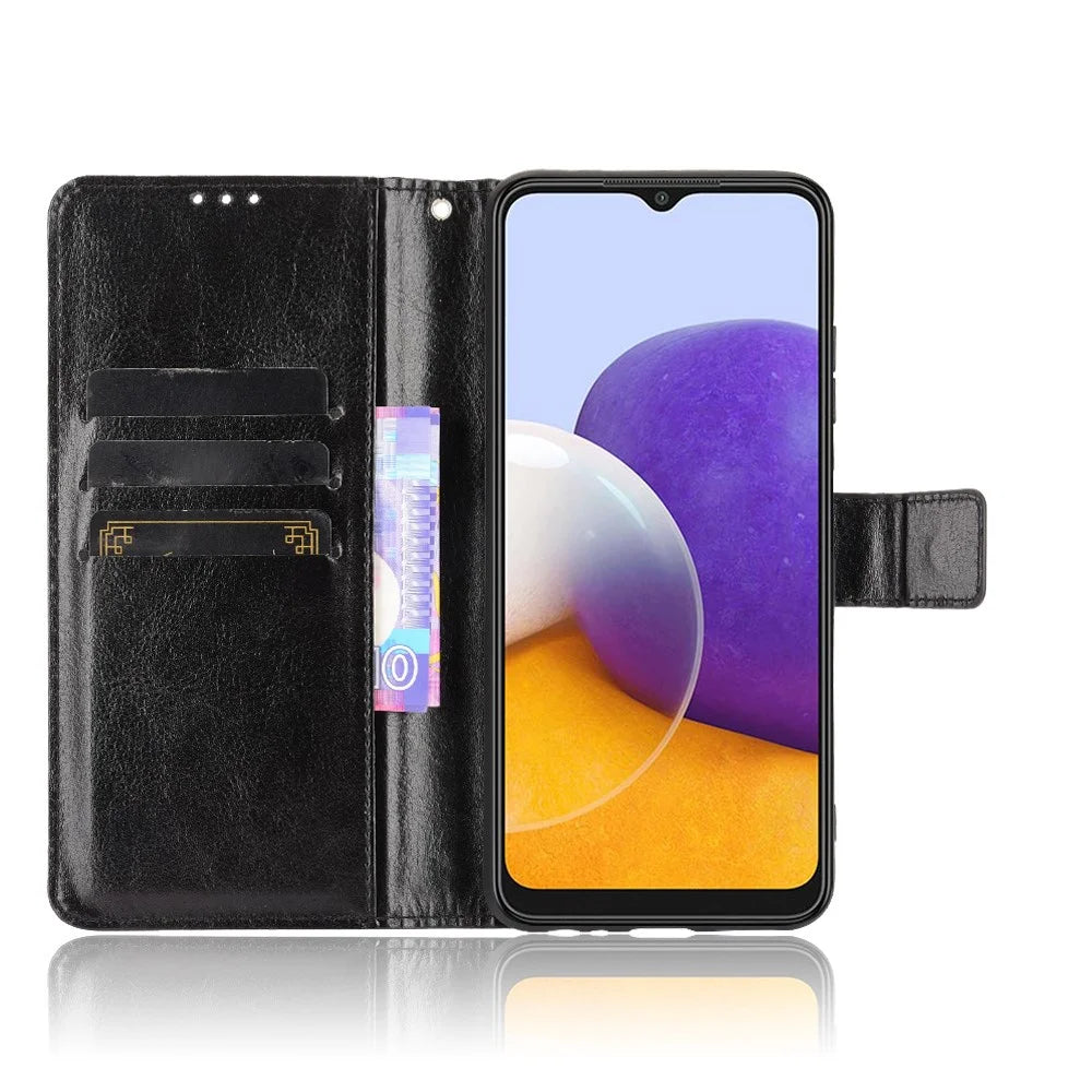 Crazy Horse Skin Leather Shell with Wallet Stand Design for Samsung Galaxy A22 5G (EU Version) - Black - 5