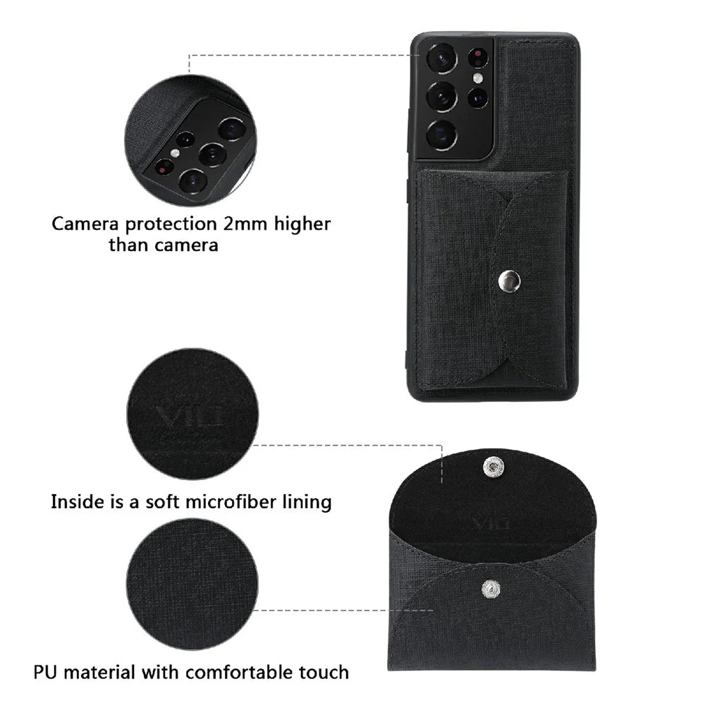 VILI T Series Movable Magnetic-Absorbed Wallet Leather Skin TPU Shell for Samsung Galaxy S21 Ultra 5G - Black - 6