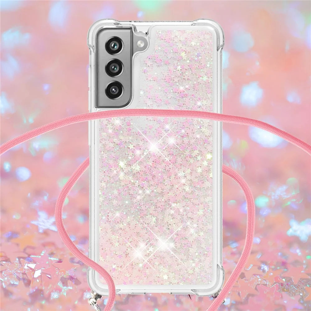 Floating Quicksand Shiny Glitter TPU Phone Cover with Strap for Samsung Galaxy S21 FE/S21 Fan Edition - Pink Stars - 2