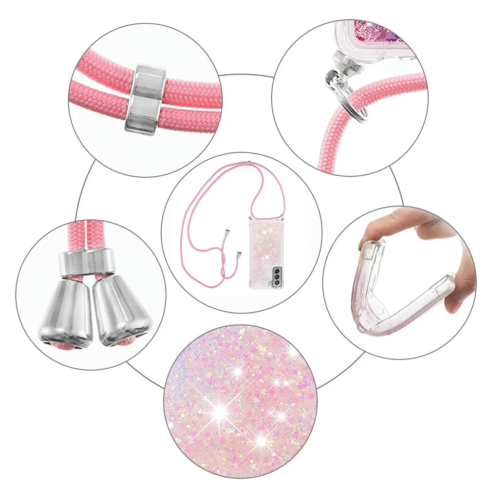 Floating Quicksand Shiny Glitter TPU Phone Cover with Strap for Samsung Galaxy S21 FE/S21 Fan Edition - Pink Stars - 3