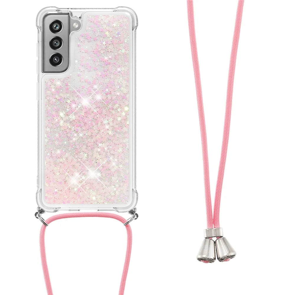 Floating Quicksand Shiny Glitter TPU Phone Cover with Strap for Samsung Galaxy S21 FE/S21 Fan Edition - Pink Stars - 6