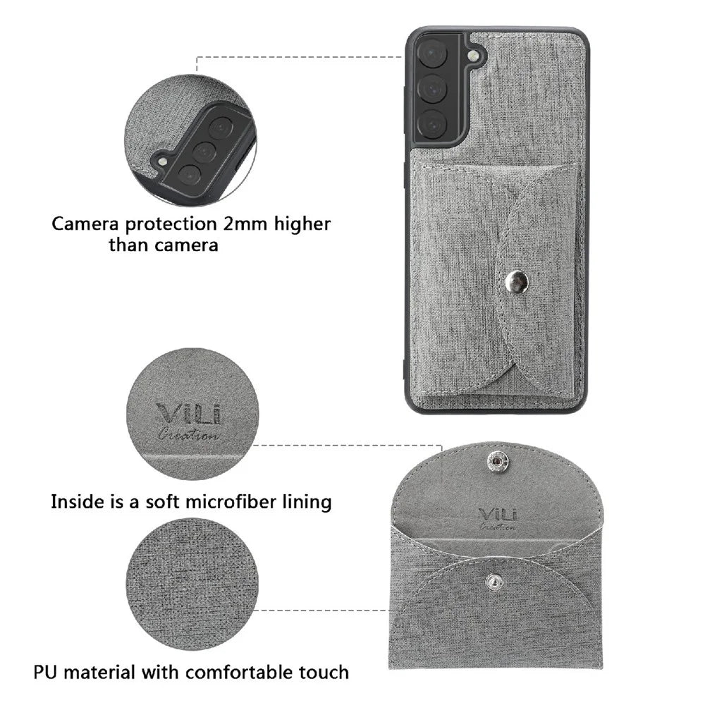 VILI T Series Magnetic Absorption Wallet Design Anti-Fall Leather Mobile Phone Case Cover for Samsung Galaxy S21 5G/4G - Grey - 5