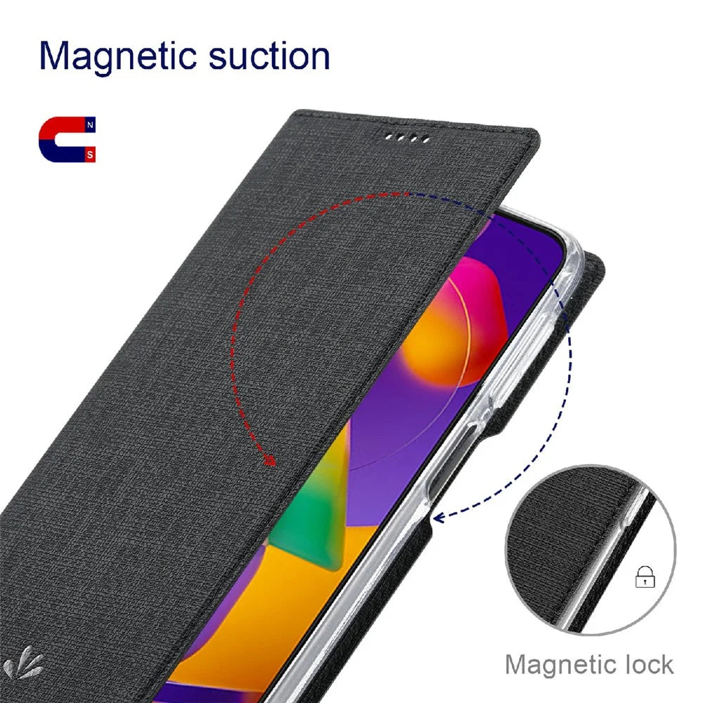 VILI DMX Series Cross Texture Leather Protector Cover with Card Holder and Stand for Samsung A22 5G (US Version) - Black - 2