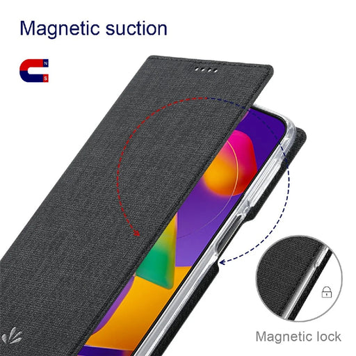 VILI DMX Series Cross Texture Leather Protector Cover with Card Holder and Stand for Samsung A22 5G (US Version) - Black - 2