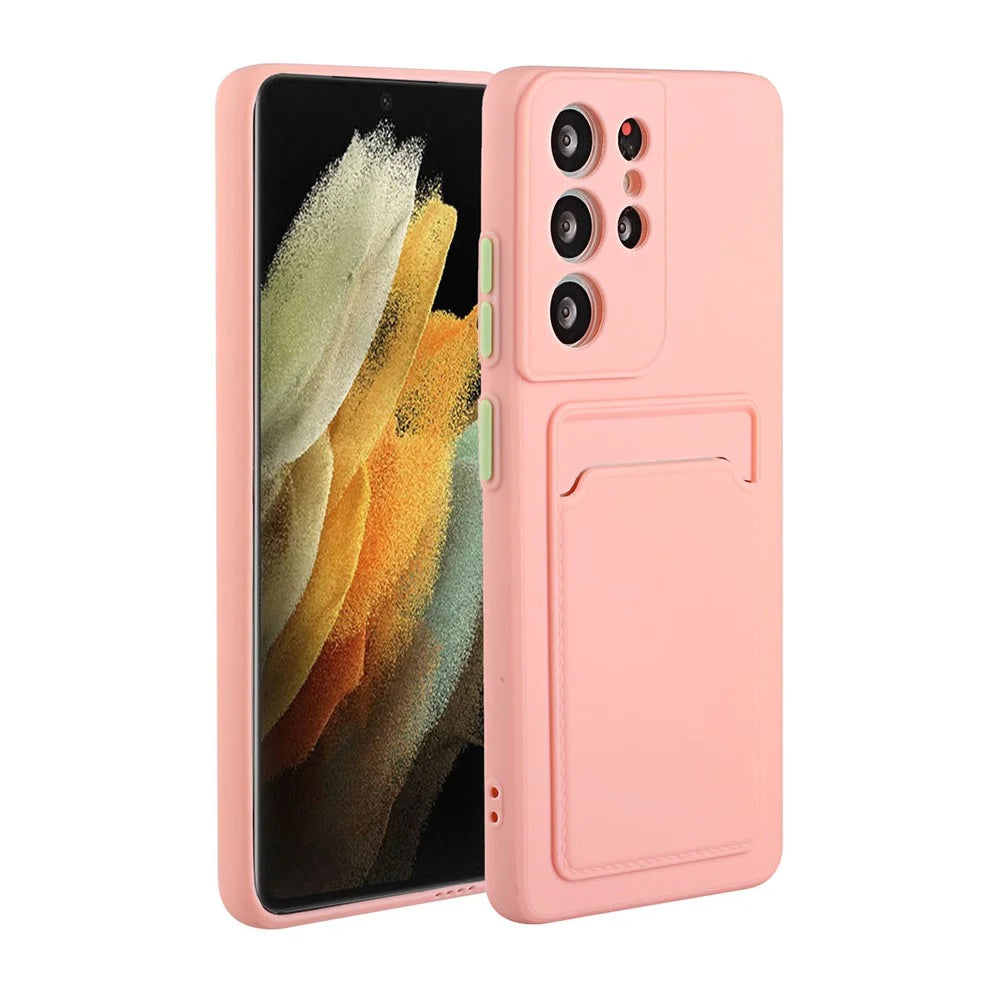 Quality TPU Phone Case with Card Slot for Samsung Galaxy S21 Ultra 5G - Pink - 1