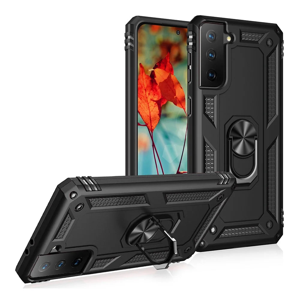 Anti-Fall Phone Hybrid PC + TPU + Metal Case Cover with Finger Ring Kickstand for Samsung Galaxy S21 FE - Black - 1