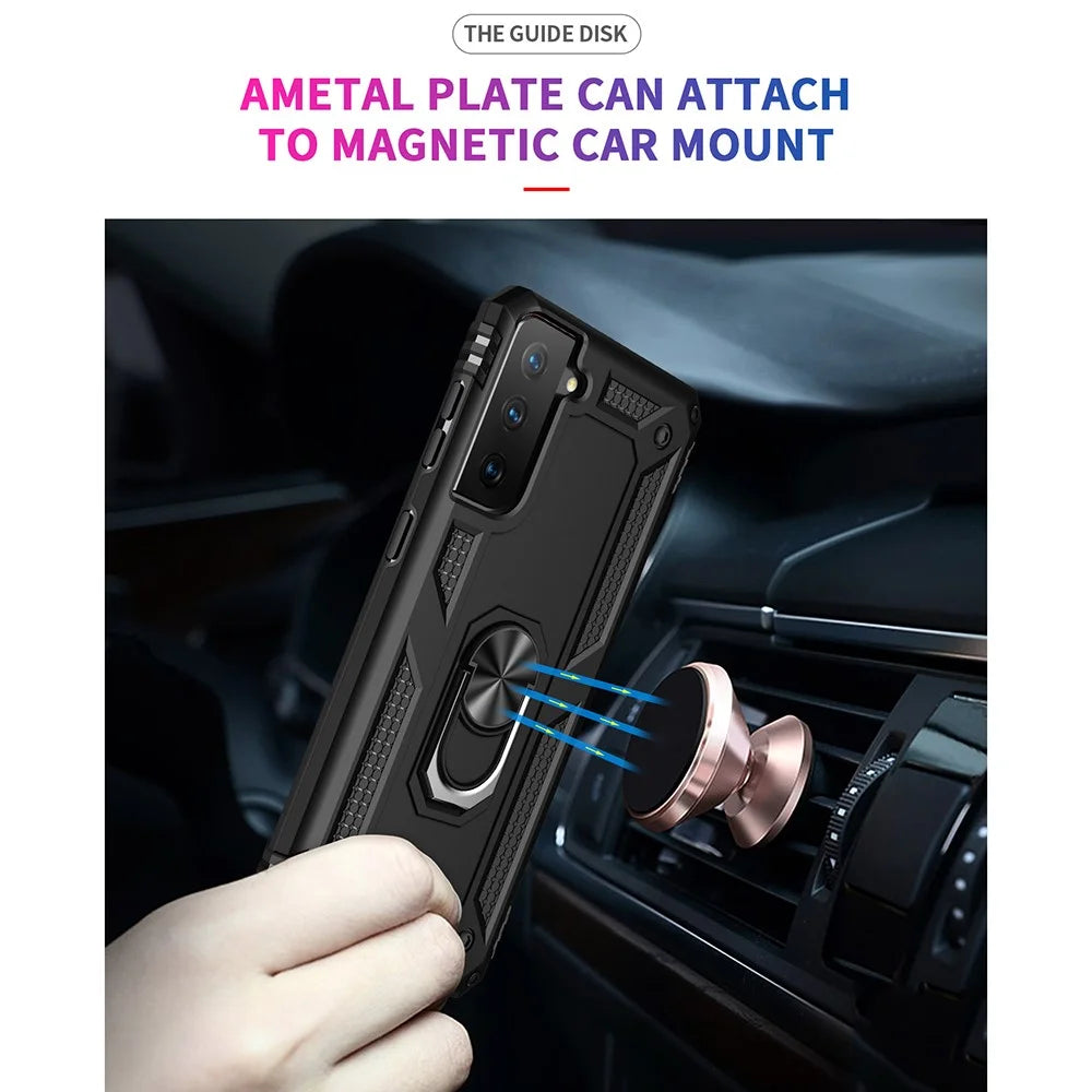 Anti-Fall Phone Hybrid PC + TPU + Metal Case Cover with Finger Ring Kickstand for Samsung Galaxy S21 FE - Black - 5