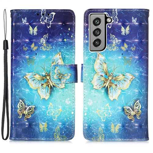 Pattern Printing Wallet Leather Phone Stand Case with Lanyard for Samsung Galaxy S21 FE - Gold Butterfly - 1