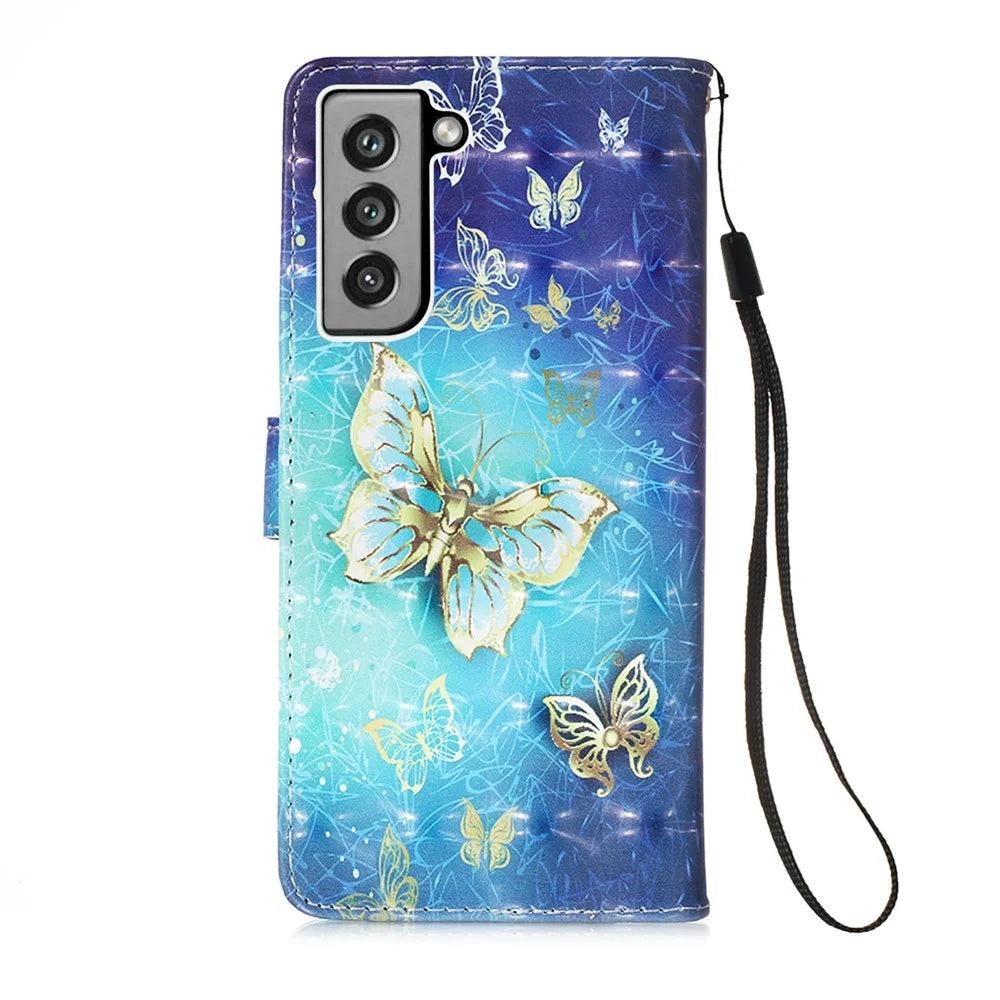 Pattern Printing Wallet Leather Phone Stand Case with Lanyard for Samsung Galaxy S21 FE - Gold Butterfly - 3