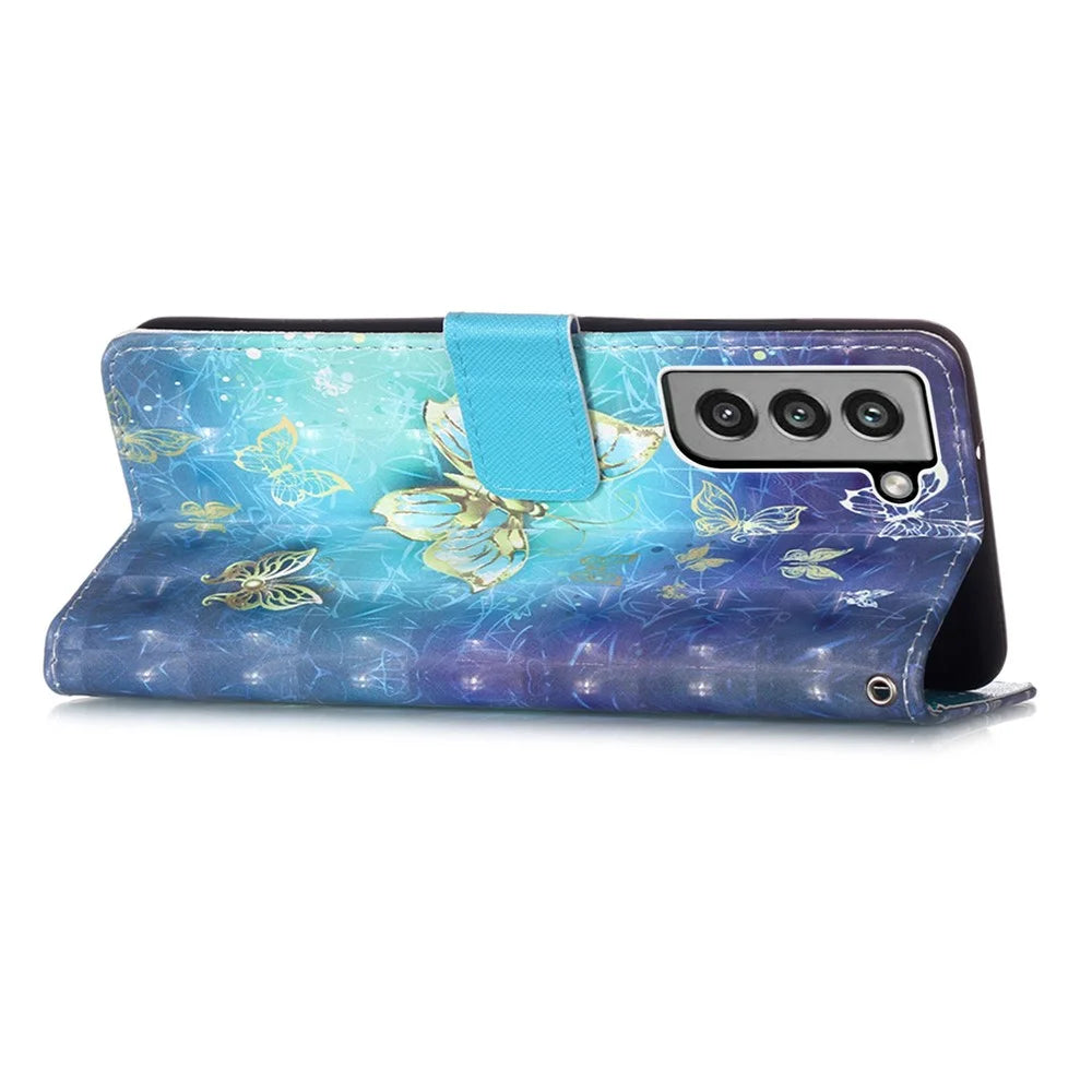 Pattern Printing Wallet Leather Phone Stand Case with Lanyard for Samsung Galaxy S21 FE - Gold Butterfly - 4