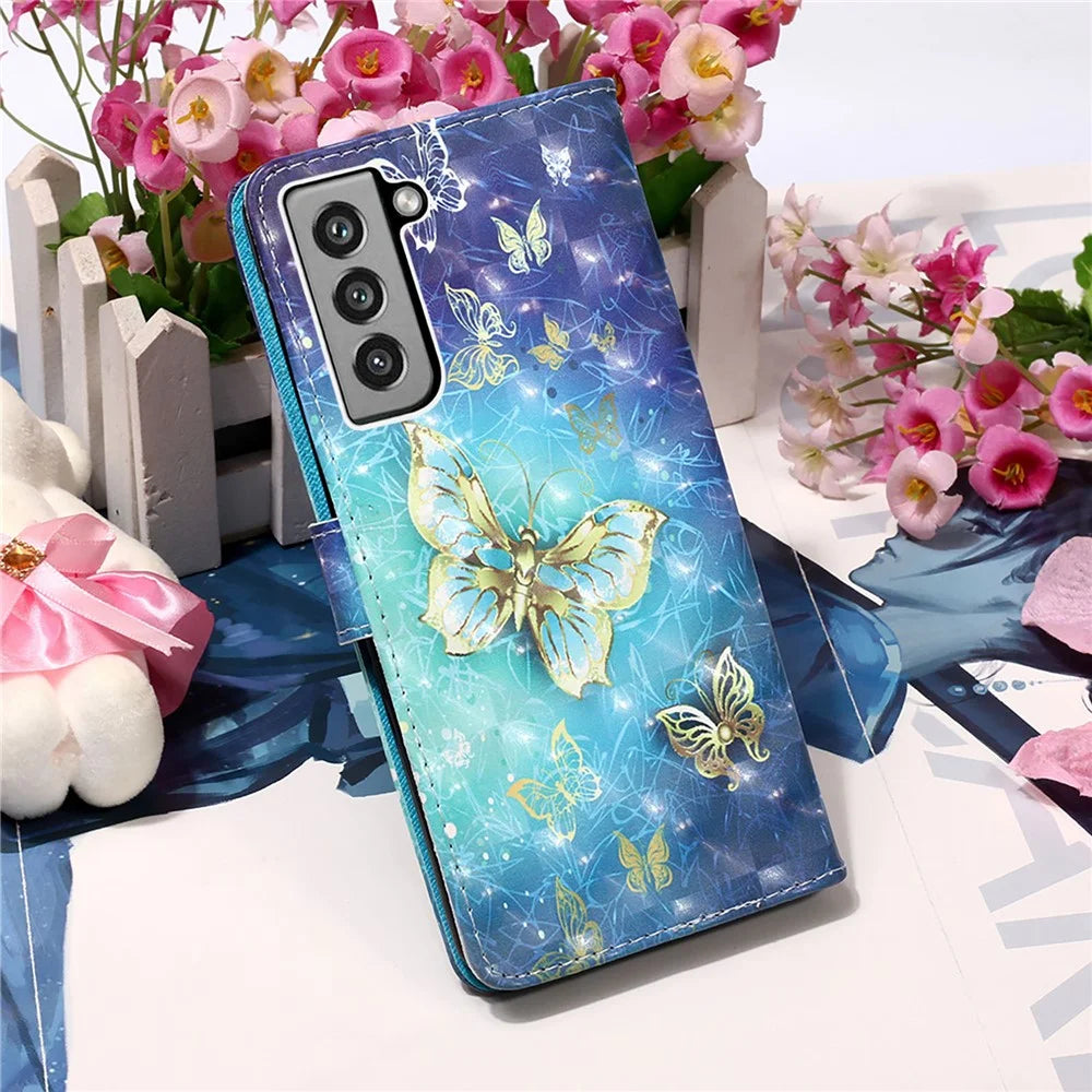 Pattern Printing Wallet Leather Phone Stand Case with Lanyard for Samsung Galaxy S21 FE - Gold Butterfly - 7