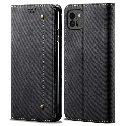 Jeans Cloth Texture Leather Phone Case Wallet Stand Cover for Samsung Galaxy A22 5G (EU Version) - Black - 1