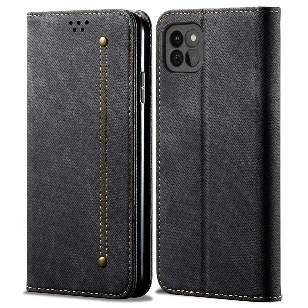 Jeans Cloth Texture Leather Phone Case Wallet Stand Cover for Samsung Galaxy A22 5G (EU Version) - Black - 1
