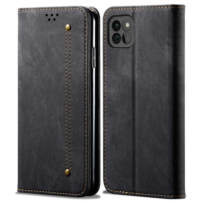 Jeans Cloth Texture Leather Phone Case Wallet Stand Cover for Samsung Galaxy A22 5G (EU Version) - Black - 1