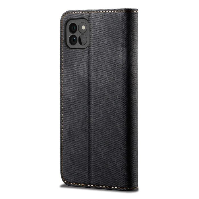 Jeans Cloth Texture Leather Phone Case Wallet Stand Cover for Samsung Galaxy A22 5G (EU Version) - Black - 3