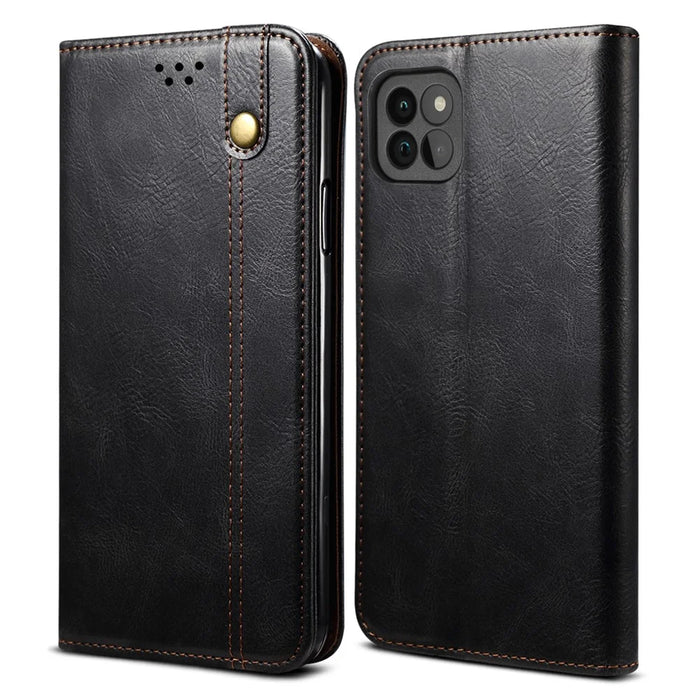 Waxy Crazy Horse Texture Protector Case TPU + PU Leather Cover for Samsung Galaxy A22 5G (EU Version) - Black - 1