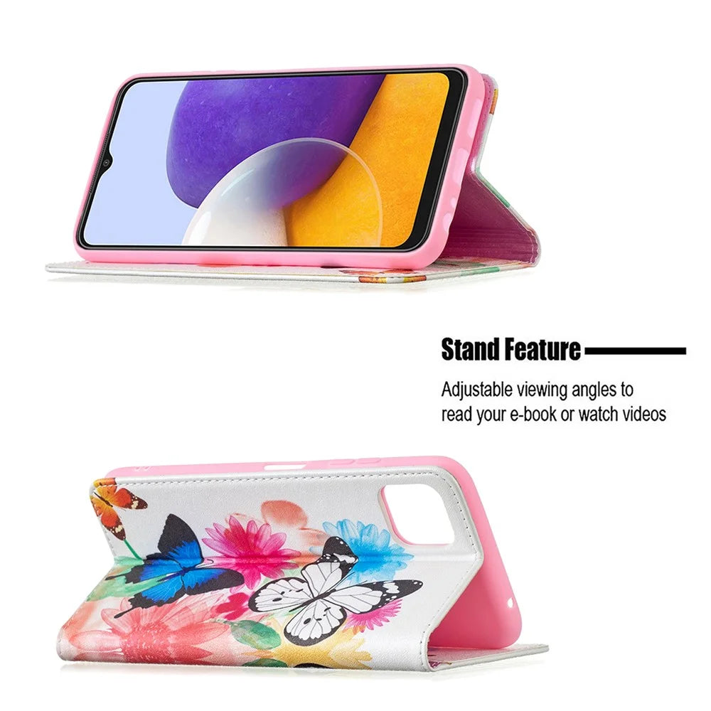 Auto-absorbed Pattern Printing PU Leather Case Cover with Wallet Stand Design for Samsung Galaxy A22 5G (EU Version) - Butterflies - 4