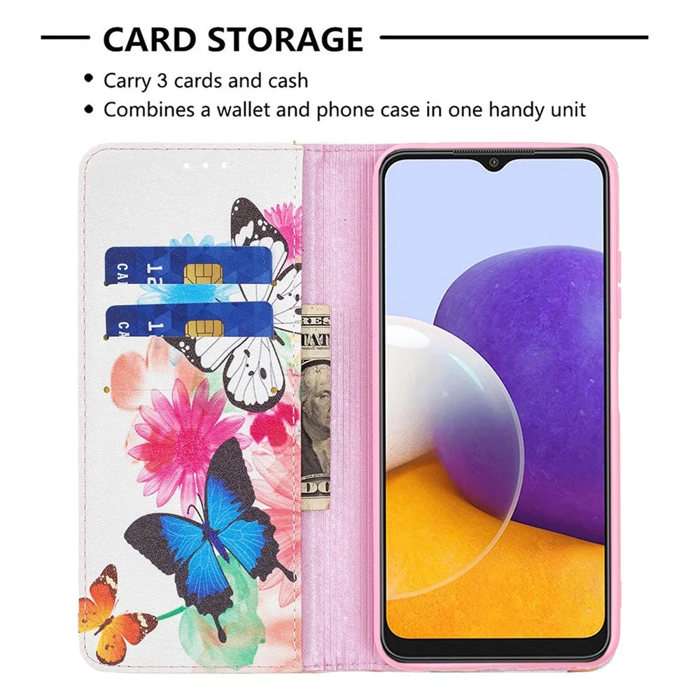 Auto-absorbed Pattern Printing PU Leather Case Cover with Wallet Stand Design for Samsung Galaxy A22 5G (EU Version) - Butterflies - 6
