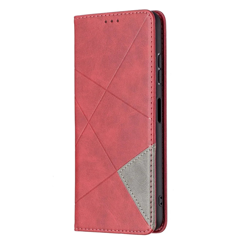 Geometric Pattern Stand Leather Case Card Holder Shell for Samsung Galaxy A22 5G (EU Version) - Red - 2