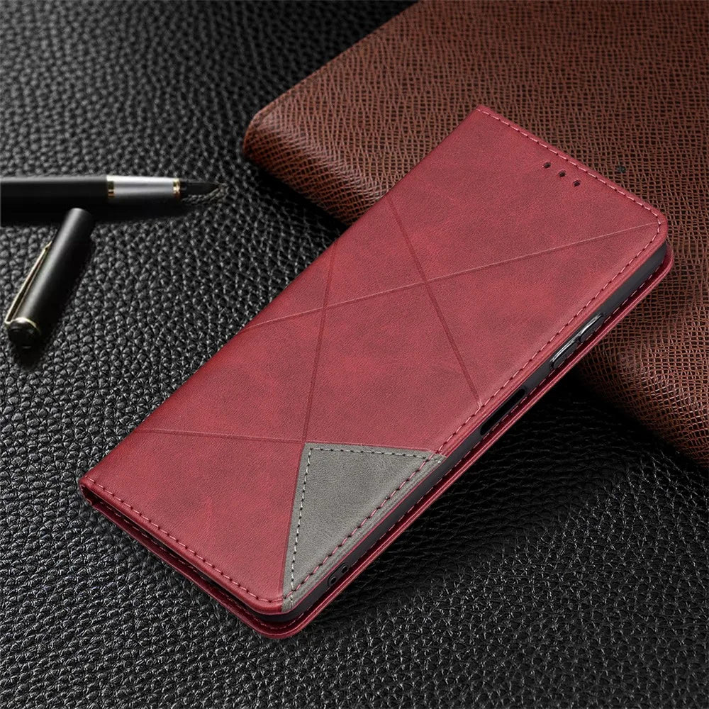 Geometric Pattern Stand Leather Case Card Holder Shell for Samsung Galaxy A22 5G (EU Version) - Red - 7