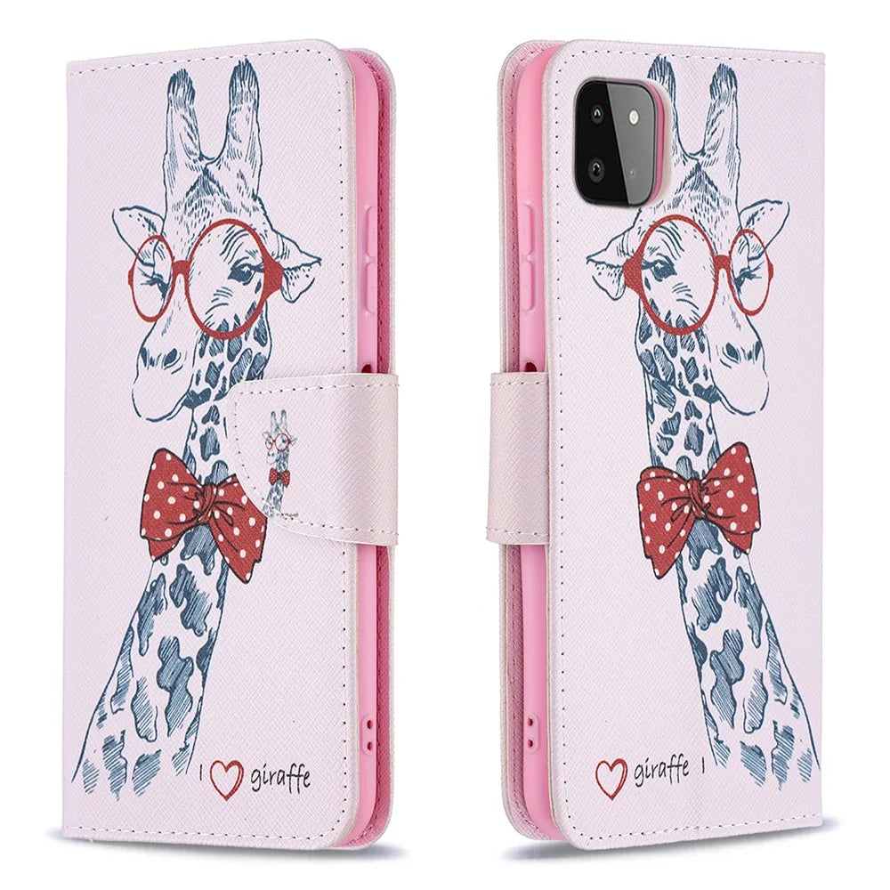 Pattern Printing Leather Stand Wallet Phone Case Shell for Samsung Galaxy A22 5G (EU Version) - Giraffe - 1