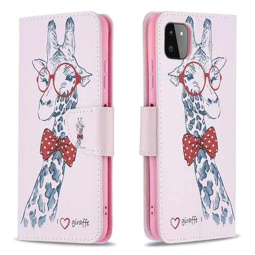 Pattern Printing Leather Stand Wallet Phone Case Shell for Samsung Galaxy A22 5G (EU Version) - Giraffe - 1