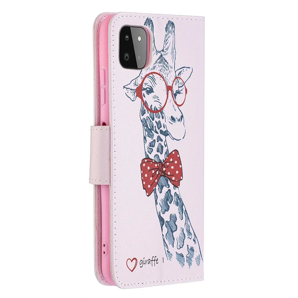 Pattern Printing Leather Stand Wallet Phone Case Shell for Samsung Galaxy A22 5G (EU Version) - Giraffe - 3