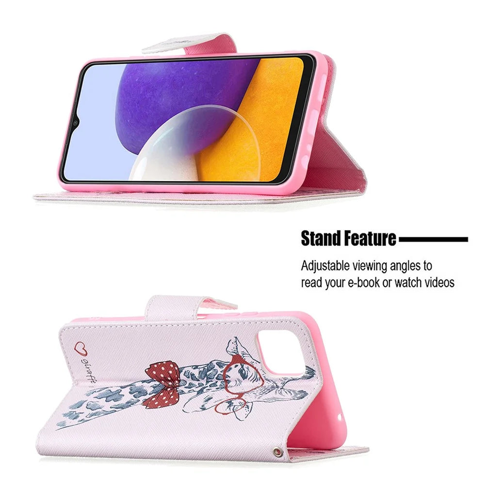 Pattern Printing Leather Stand Wallet Phone Case Shell for Samsung Galaxy A22 5G (EU Version) - Giraffe - 4