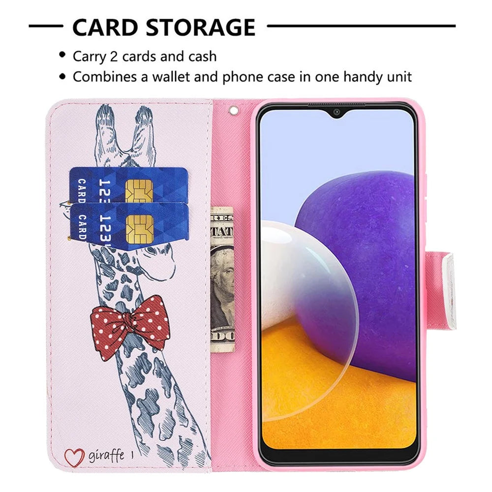 Pattern Printing Leather Stand Wallet Phone Case Shell for Samsung Galaxy A22 5G (EU Version) - Giraffe - 5