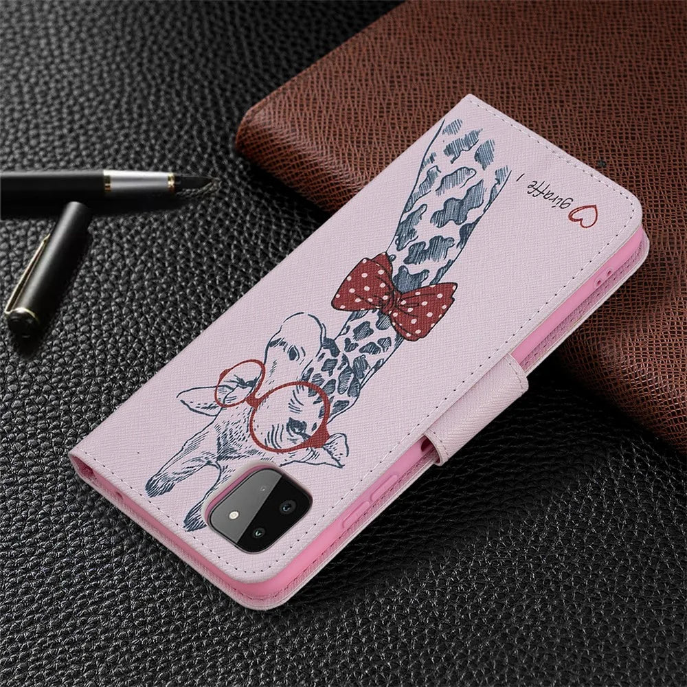 Pattern Printing Leather Stand Wallet Phone Case Shell for Samsung Galaxy A22 5G (EU Version) - Giraffe - 7