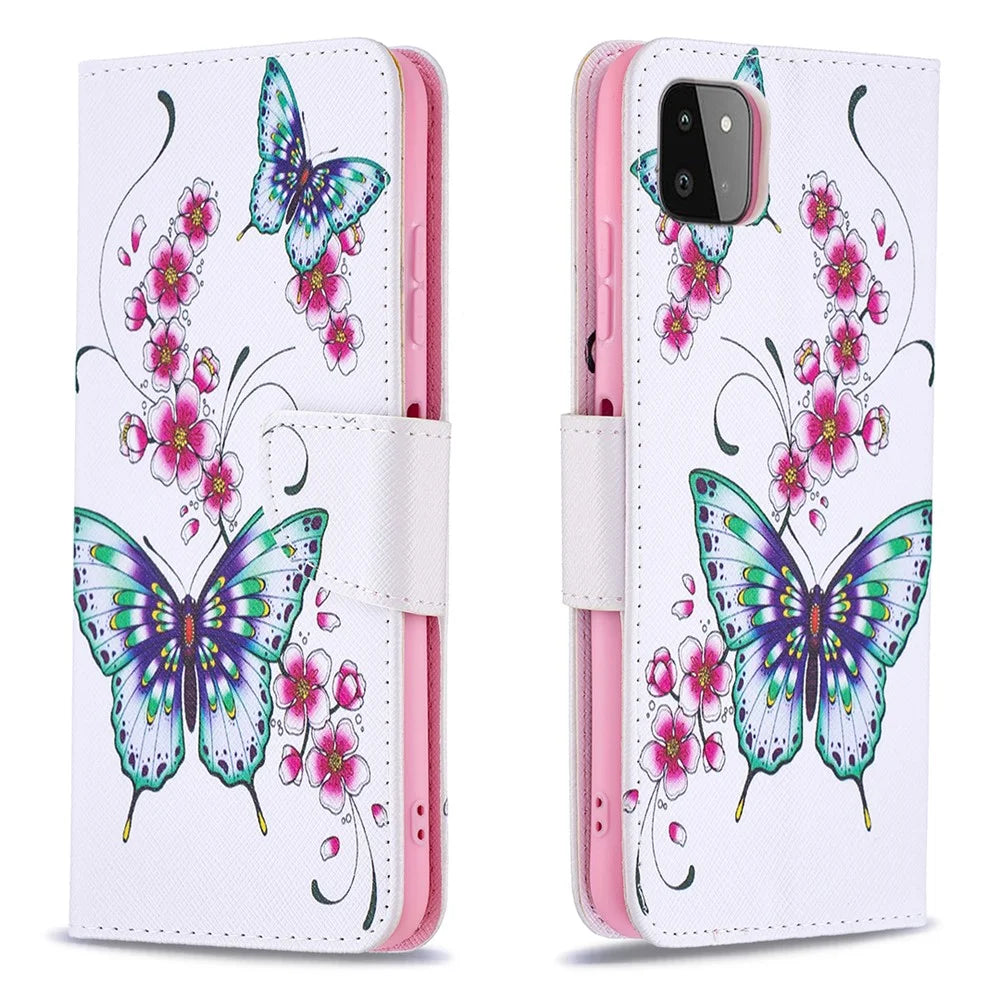 Wallet Stand Design Pattern Printing Flip Leather Phone Case Shell for Samsung Galaxy A22 5G (EU Version) - Butterfly and Flower - 1